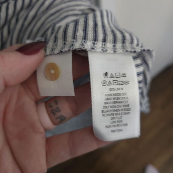 Adrienne Vittadini Navy White Striped 100% Linen Stretch Button Back Top Large - Picture 10 of 10